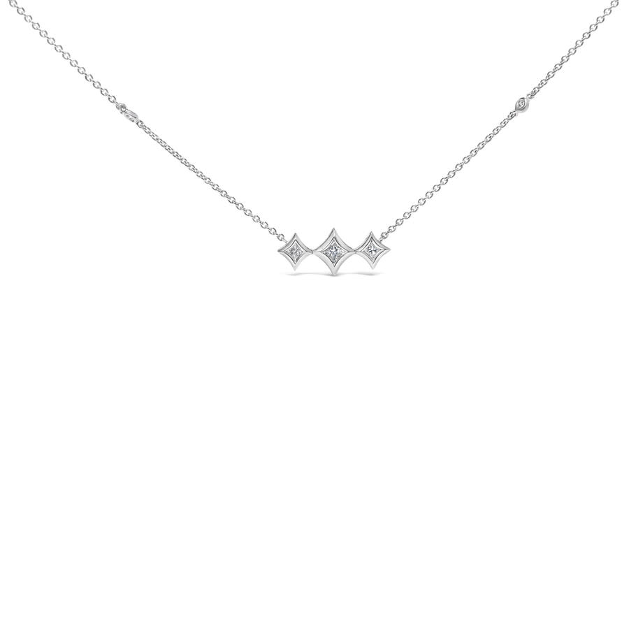 Haus of Brilliance 10K White Gold Bezel Set Princess Diamond 3 Stone Kite Shape and Station Necklace