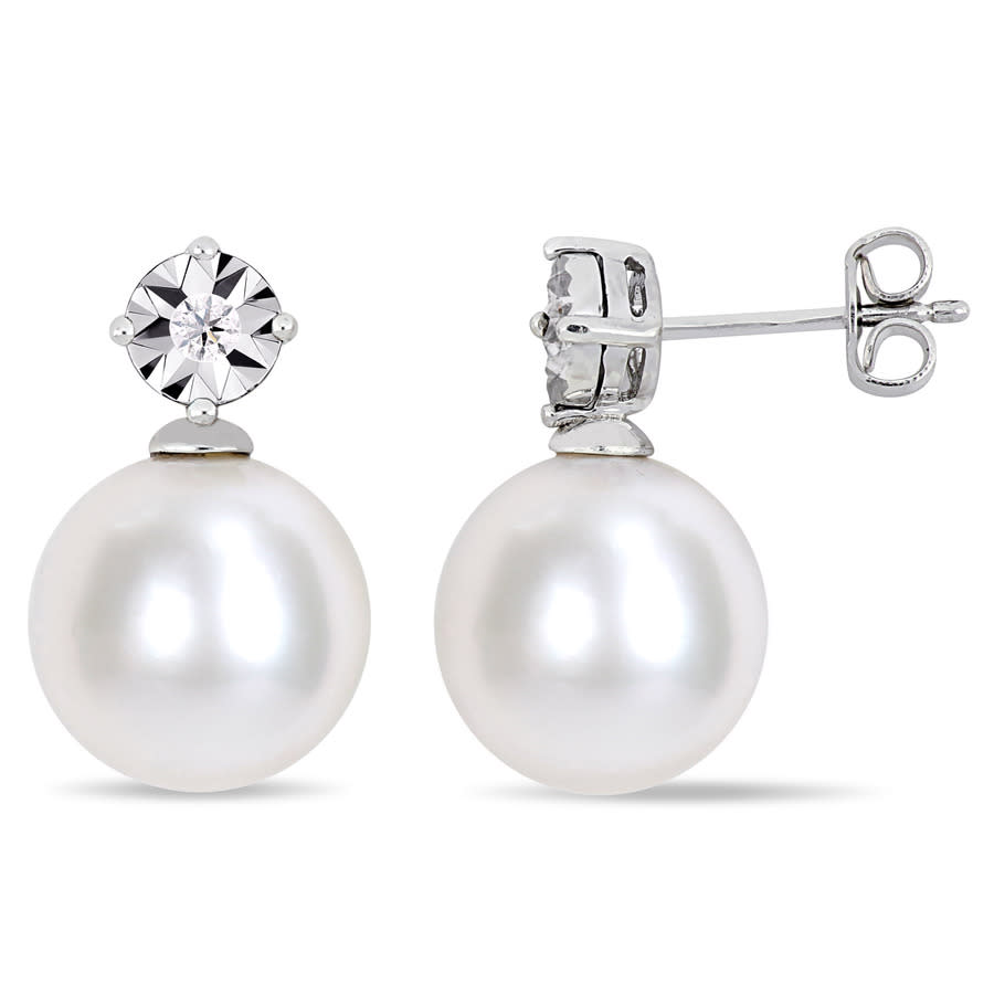 Amour 11-12 Mm Cultured Freshwater Pearl And Diamond Accent Earrings In Sterling Silver In White