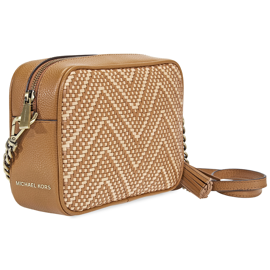 Shop Michael Kors Ginny Medium Woven Leather Crossbody- Acorn/butternut In Brown