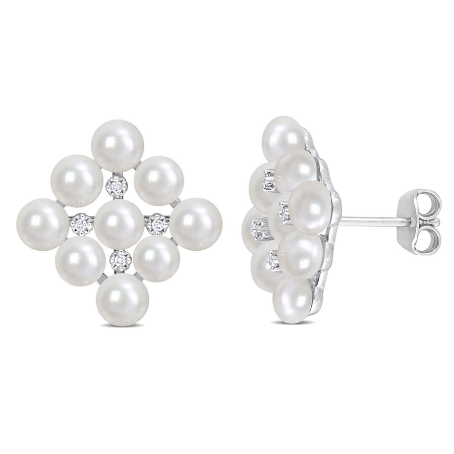 Amour 4-4.5mm Cultured Freshwater Pearl And Diamond Accent Stud Earrings In Sterling Silver In White