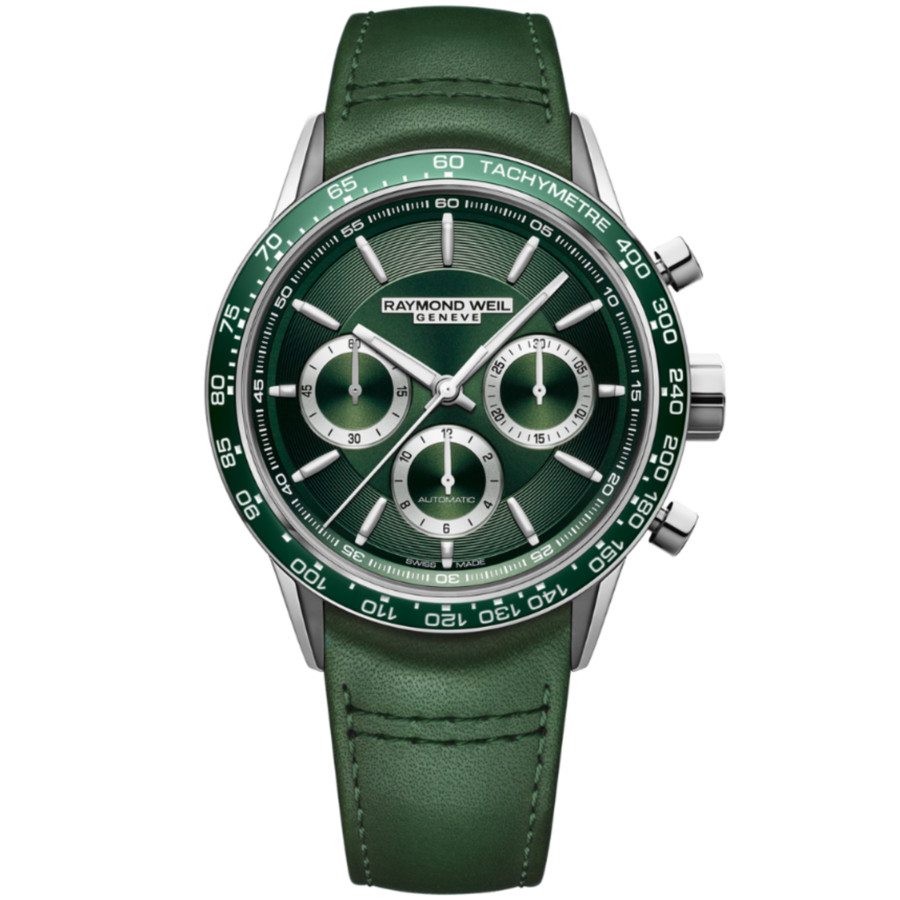 Raymond Weil Men's Swiss Automatic Chronograph Freelancer Green Leather Strap Watch 43.5mm