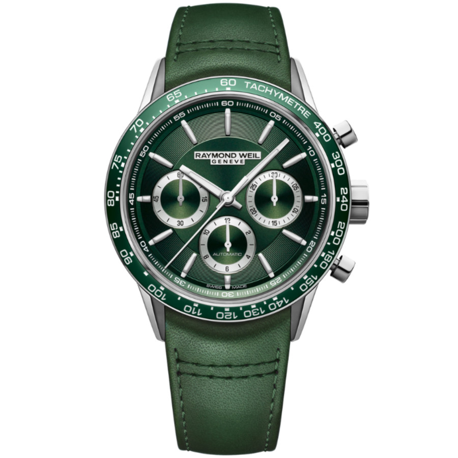 Raymond Weil Men's Swiss Automatic Chronograph Freelancer Green Leather Strap Watch 43.5mm In Green