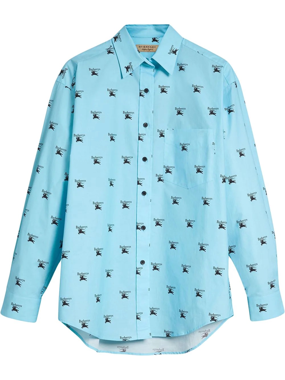 BURBERRY LADIES SKY BLUE LOGO PRINT STRETCH COTTON SHIRT