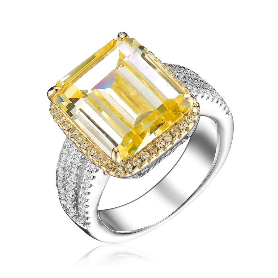 Megan Walford Sterling Silver Yellow Asscher with Round Cubic Zirconia Pave Ring