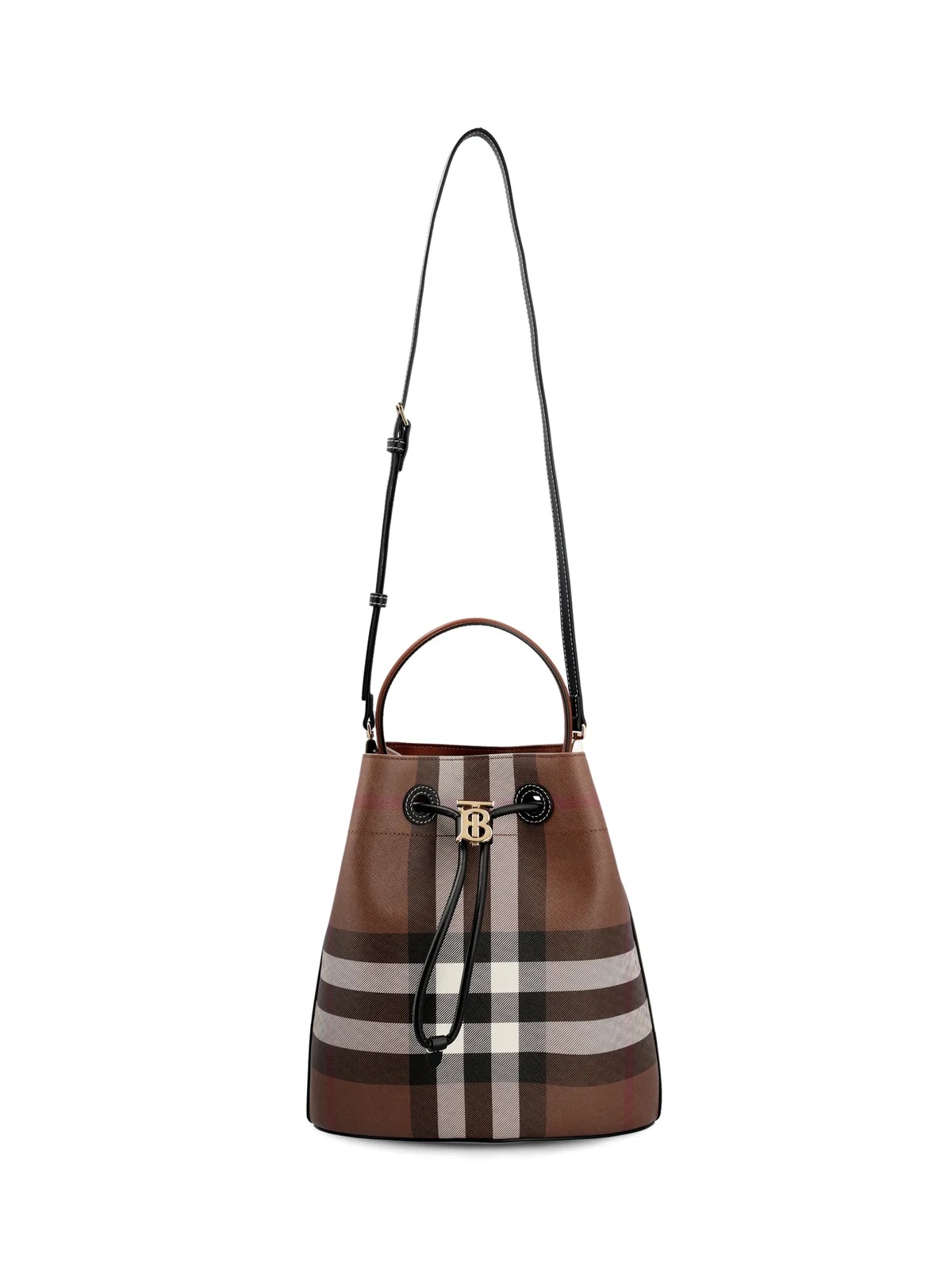 BURBERRY BURBERRY DARK BIRCH BROWN LOGO PLAQUE CHECKED DRAWSTRING SHOULDER BAG