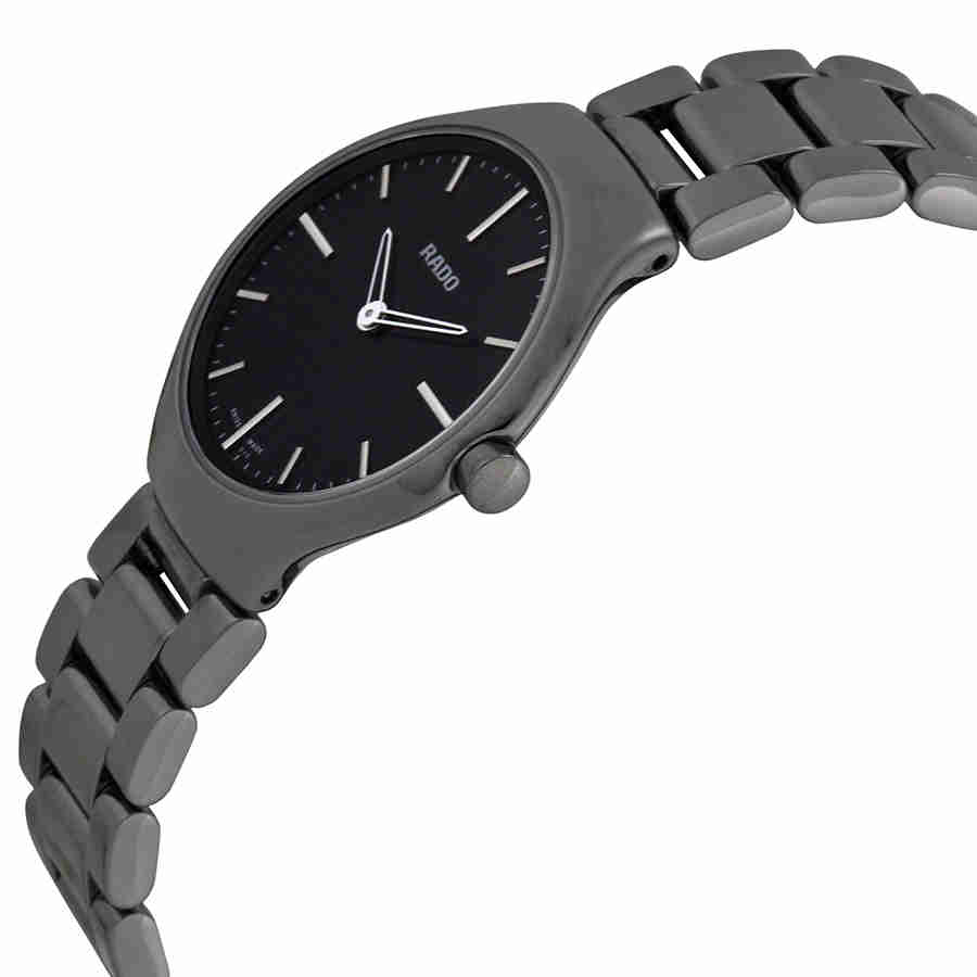 Shop Rado True Thinline Black Dial Gunmetal Ceramic Ladies Watch R27956152 In Black / Platinum / Skeleton