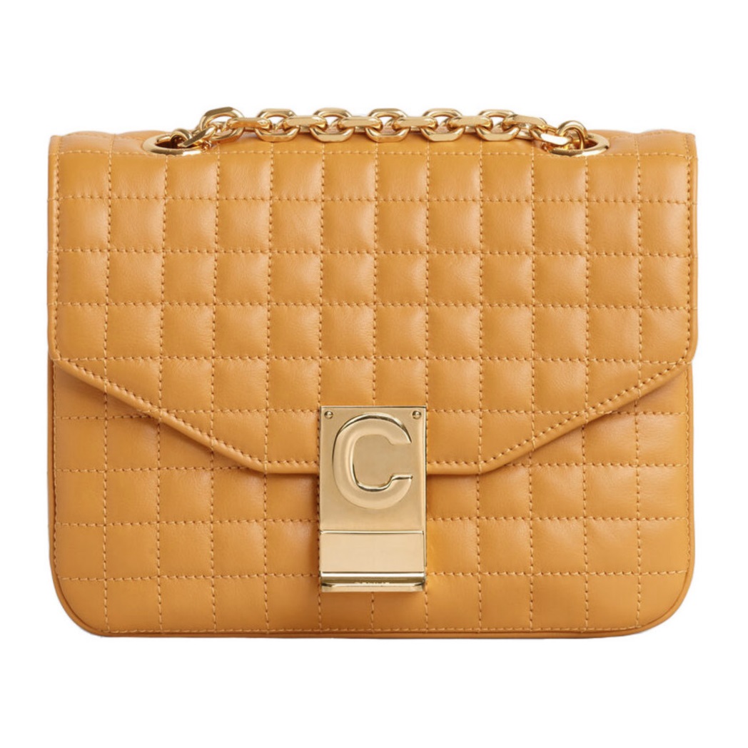 Celine Ocre Small C Quilted Shoulder Bag In Gold Tone