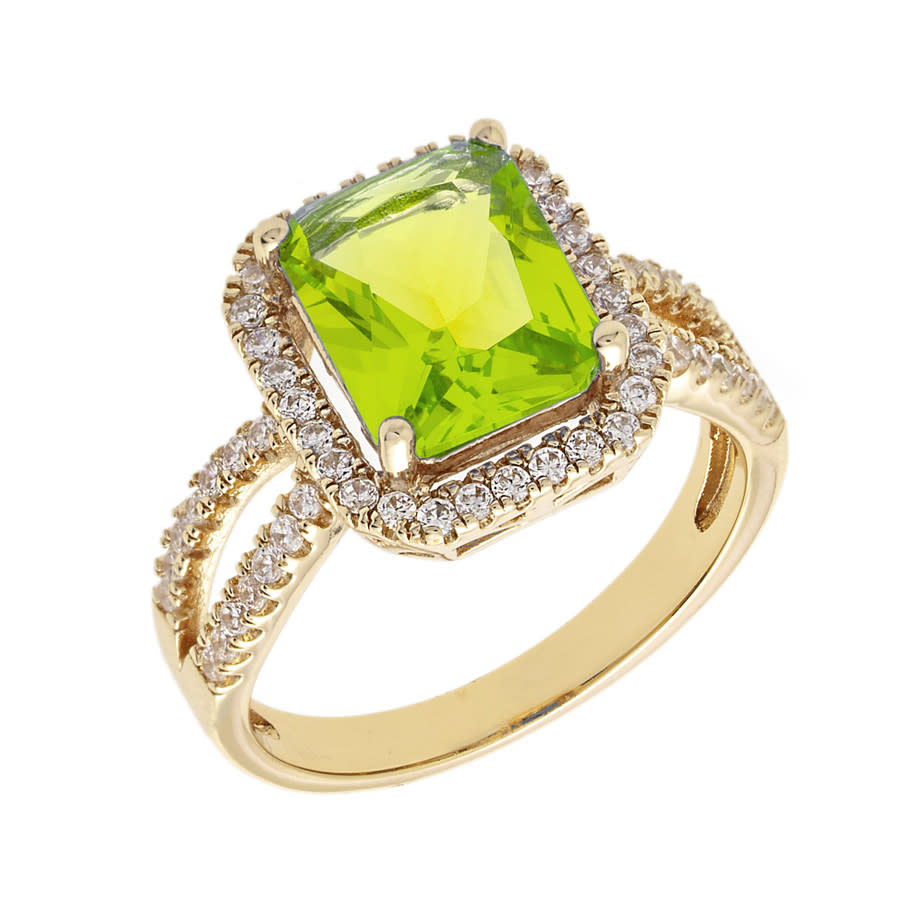 Elegant Confetti Women's 18k Yellow Gold Plated Light Green Cz Simulated Cushion Diamond Halo Statement Cocktail Ring In Gold Tone,green,yellow