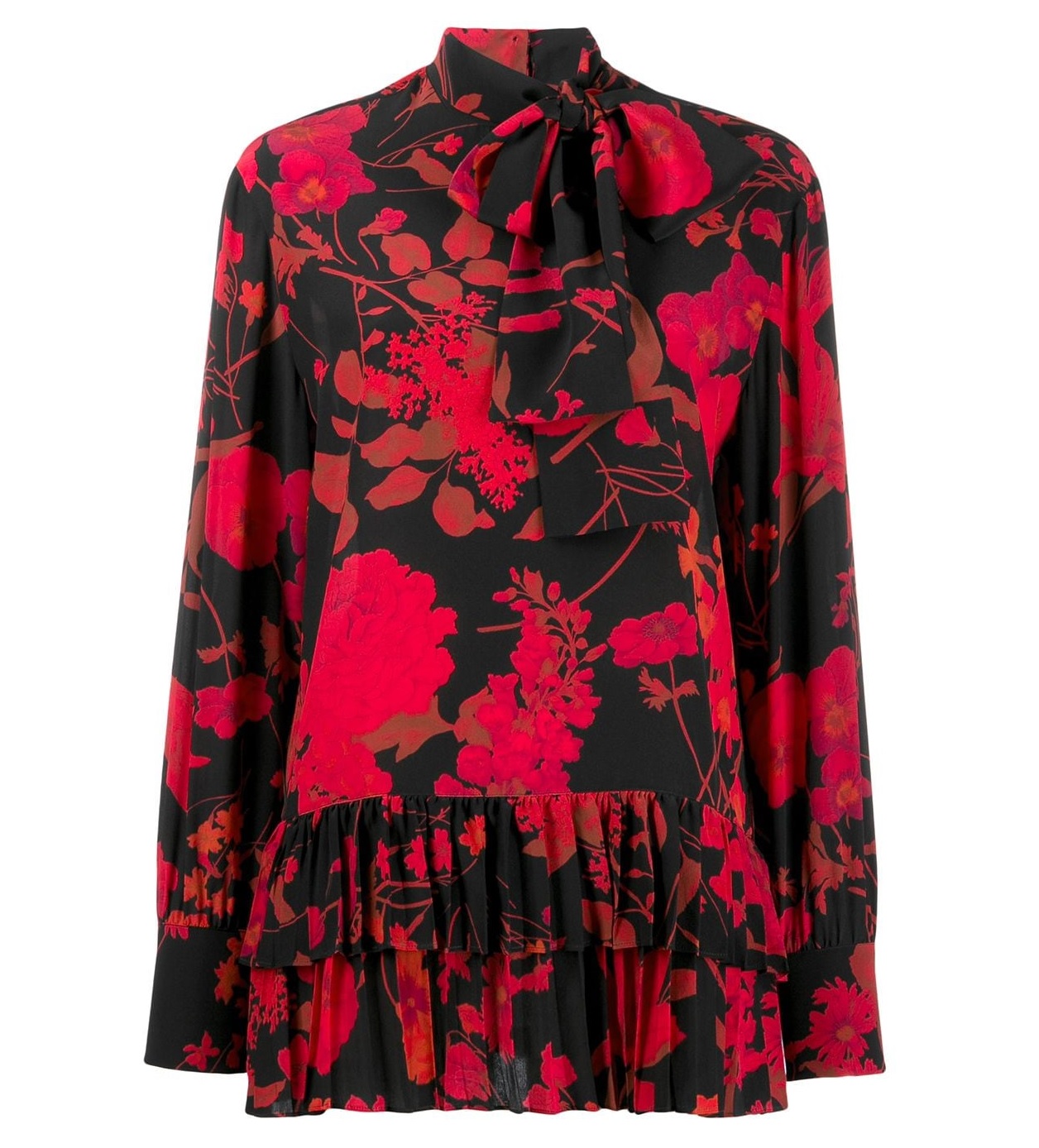 Shop Valentino Floral Print Pleated Trim Blouse In Black