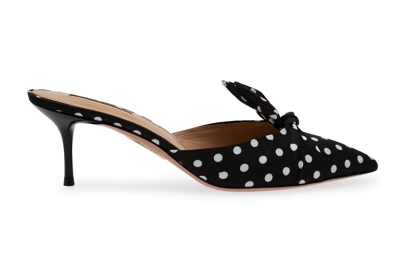 Aquazzura Deneuve 60 Mm Polka-dot Mules In Black,gold Tone,white,yellow