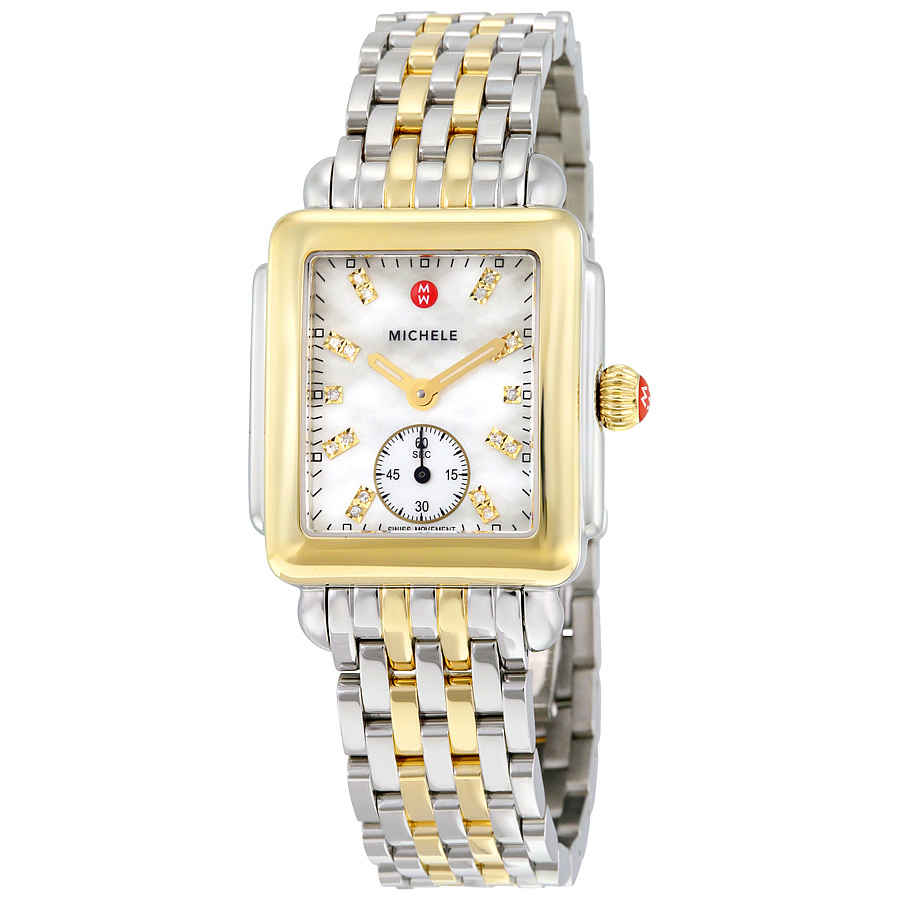 Michele Deco Mid Diamond Dial Watch Head & Bracelet, 29mm In Two Tone  / Gold Tone / Mother Of Pearl / Yellow
