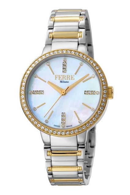 Ferre Milano White Mother Of Pearl Dial Ladies Watch Fm1l084m0101 In Two Tone / Gold Tone / Mother Of Pearl / White