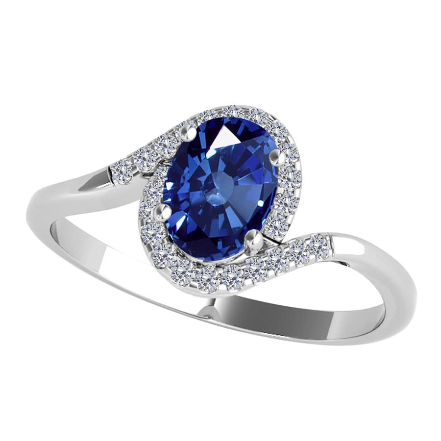 MAULIJEWELS 1.00 CARAT OVAL SHAPE SAPPHIRE & DIAMOND GEMSTONE RING IN 10K SOLID WHITE GOLD