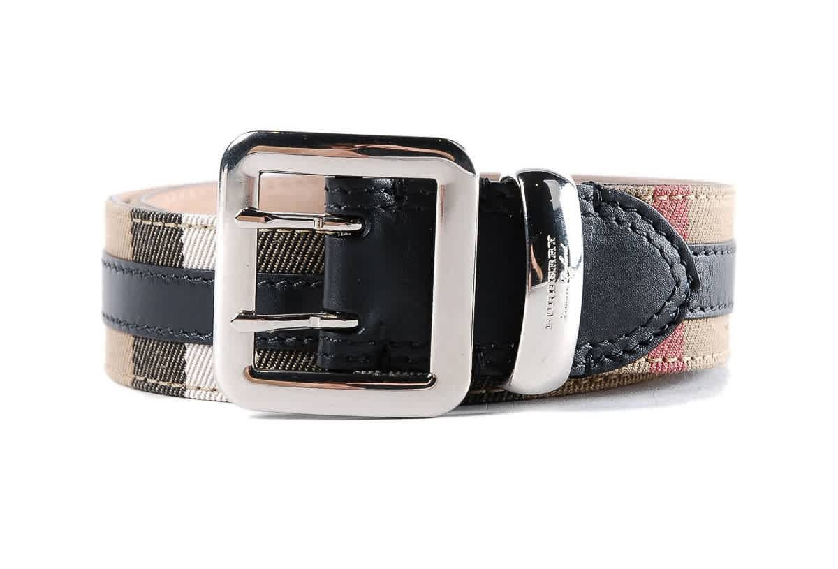 Burberry Topstitched House Check And Leather Belt In Black,silver Tone