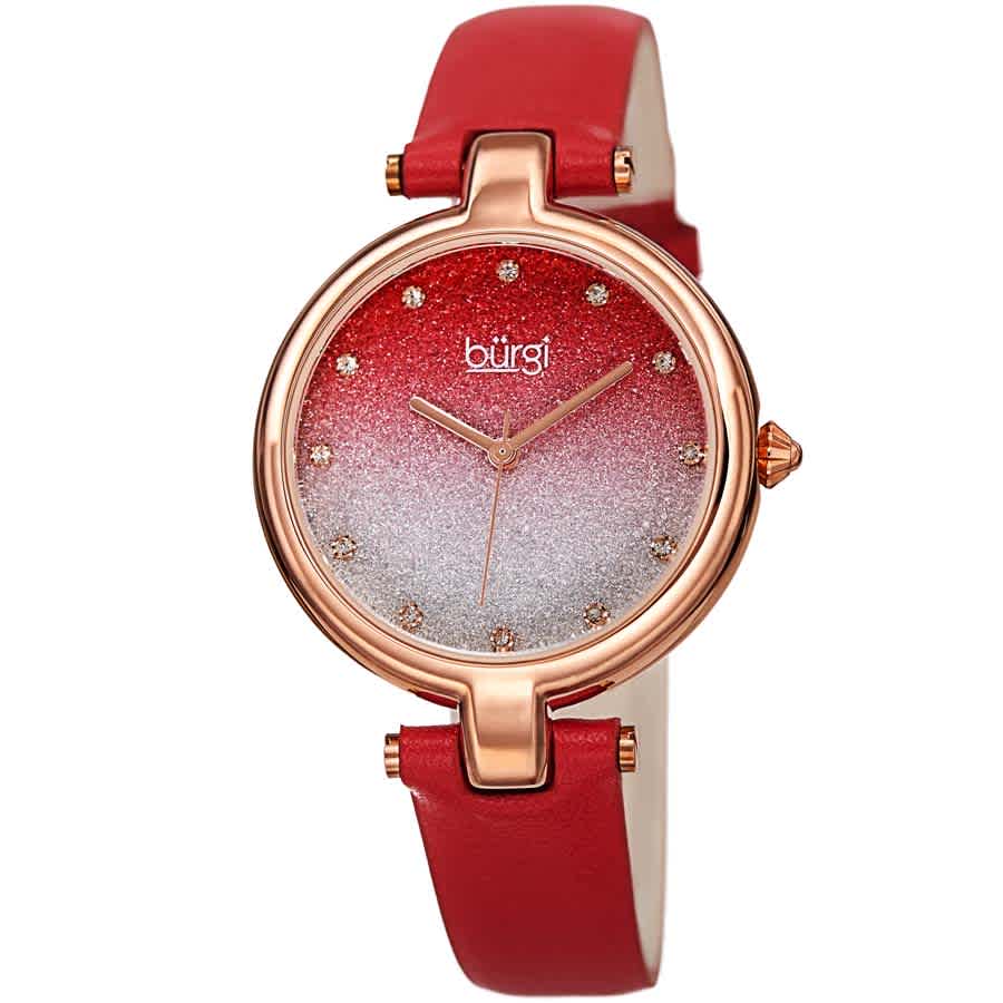 Burgi Glitter Ombre Swarovski Crystal Dial Ladies Watch In Red   / Gold Tone / Rose / Rose Gold Tone
