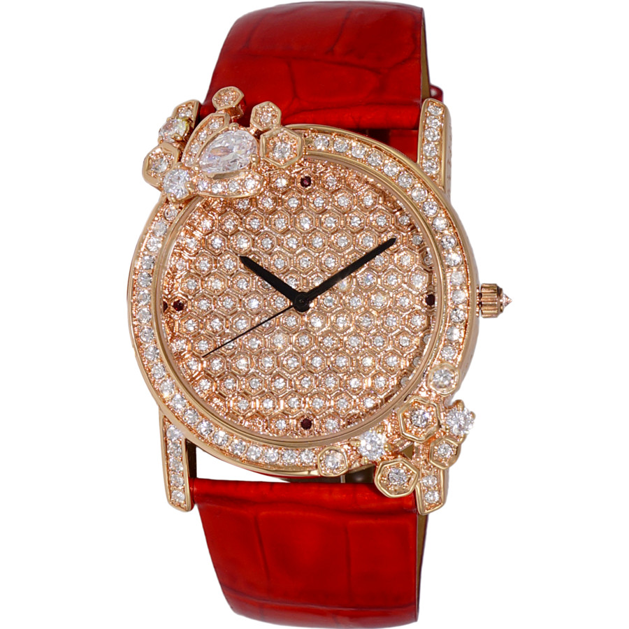 Adee Kaye Quartz Crystal Rose Gold Dial Ladies Watch Ak2000-lrg In Black,gold Tone,pink,red,rose Gold Tone,yellow