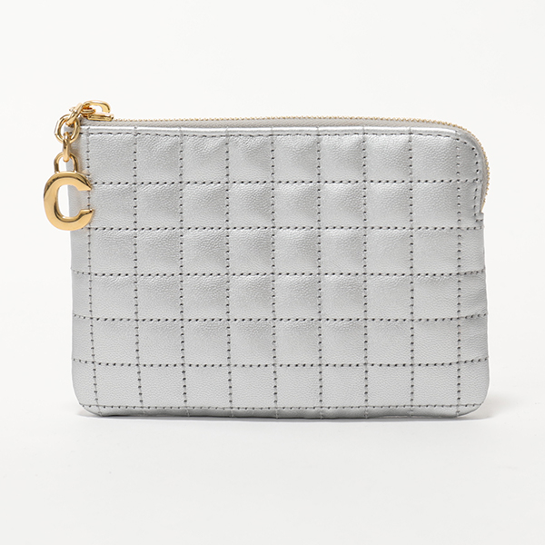 Celine C Charm Quilted Calfskin Card And Coin Case- Silver In
