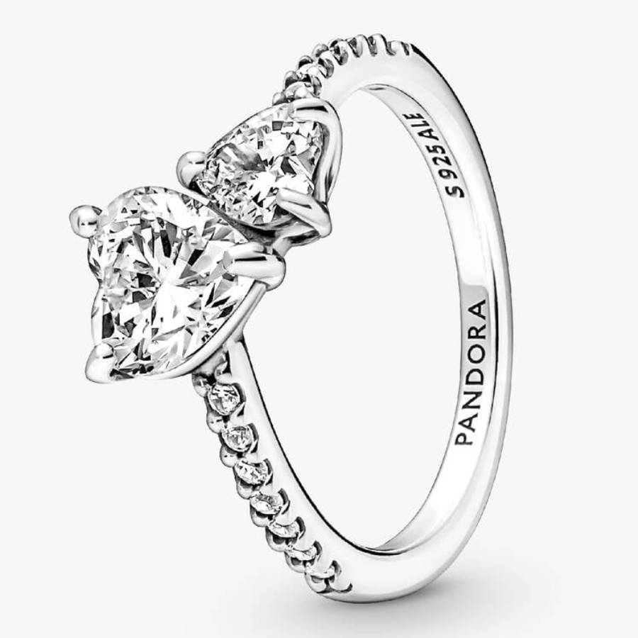 Pandora Double Heart Sterling Silver Sparkling Ring, Size 56