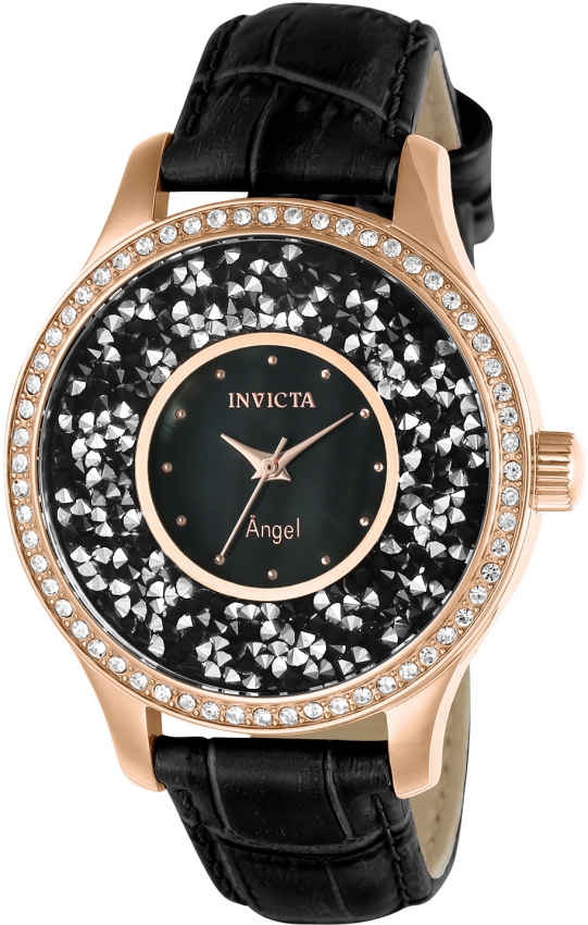 Invicta Angel Black Dial Black Leather Ladies Watch 24565 In Black,gold Tone,pink,rose Gold Tone,white