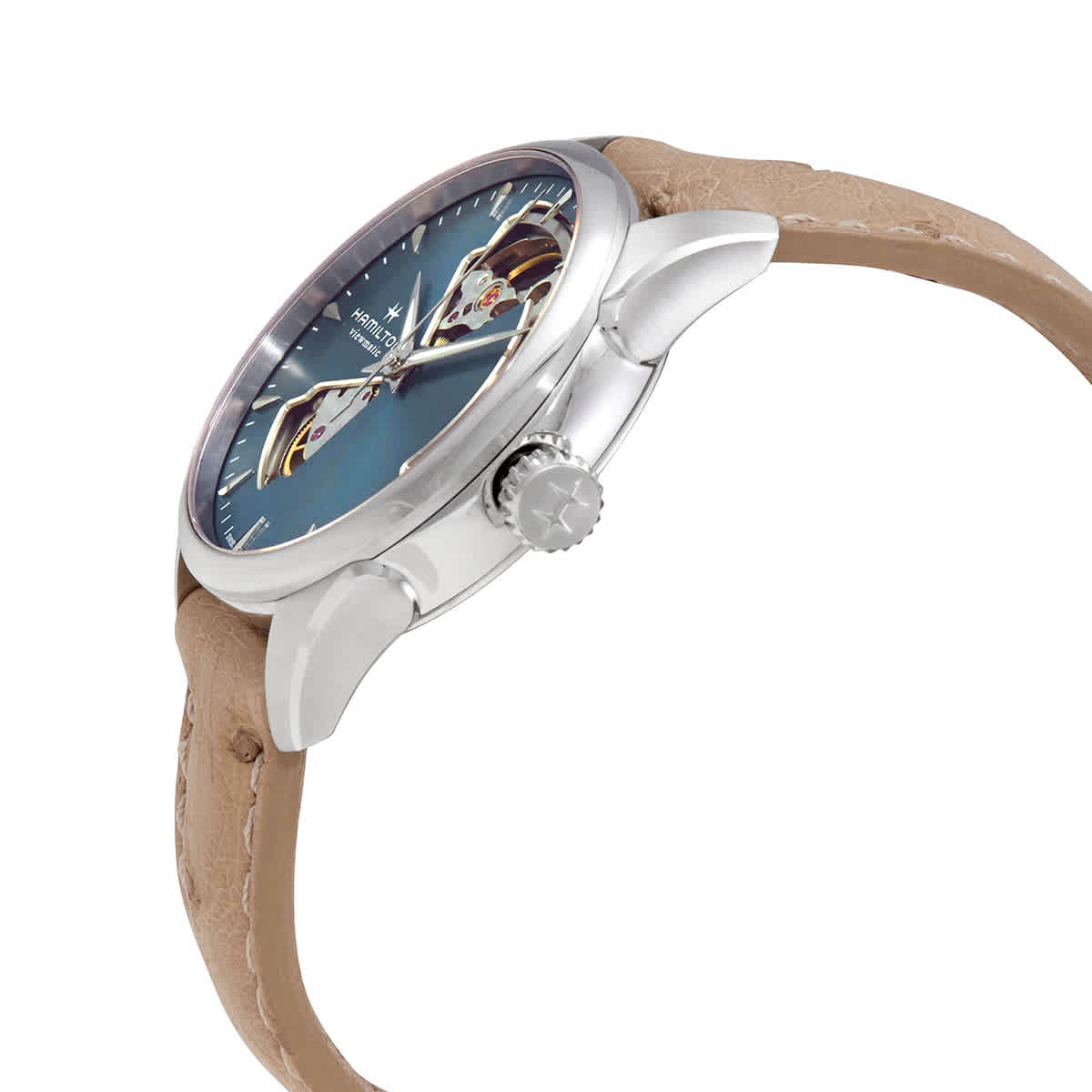 Shop Hamilton Jazzmaster Automatic Blue Dial Ladies Watch H32215840 In Beige / Blue