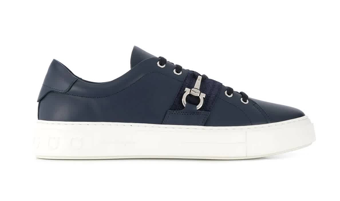 Ferragamo Mens Gancini Horsebit Low-top Sneakers, Size 6.5 In Blue,silver Tone