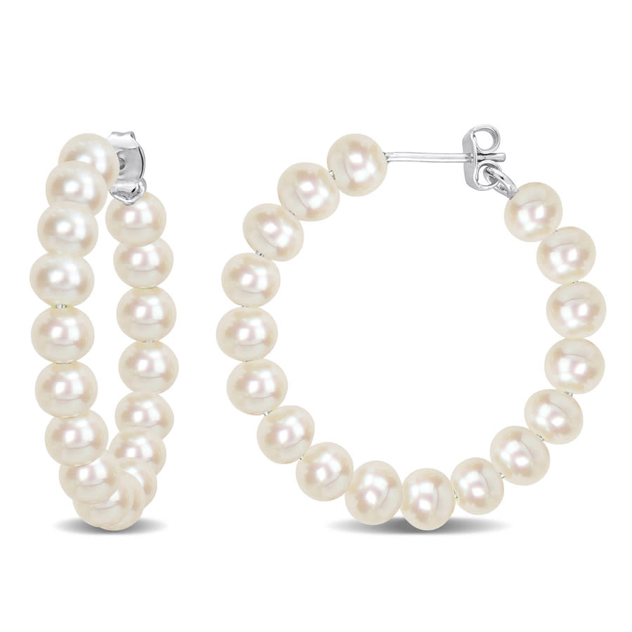Amour 5-5.5mm Freshwater Cultured Pearl Hoop Earrings In Sterling Silver In White