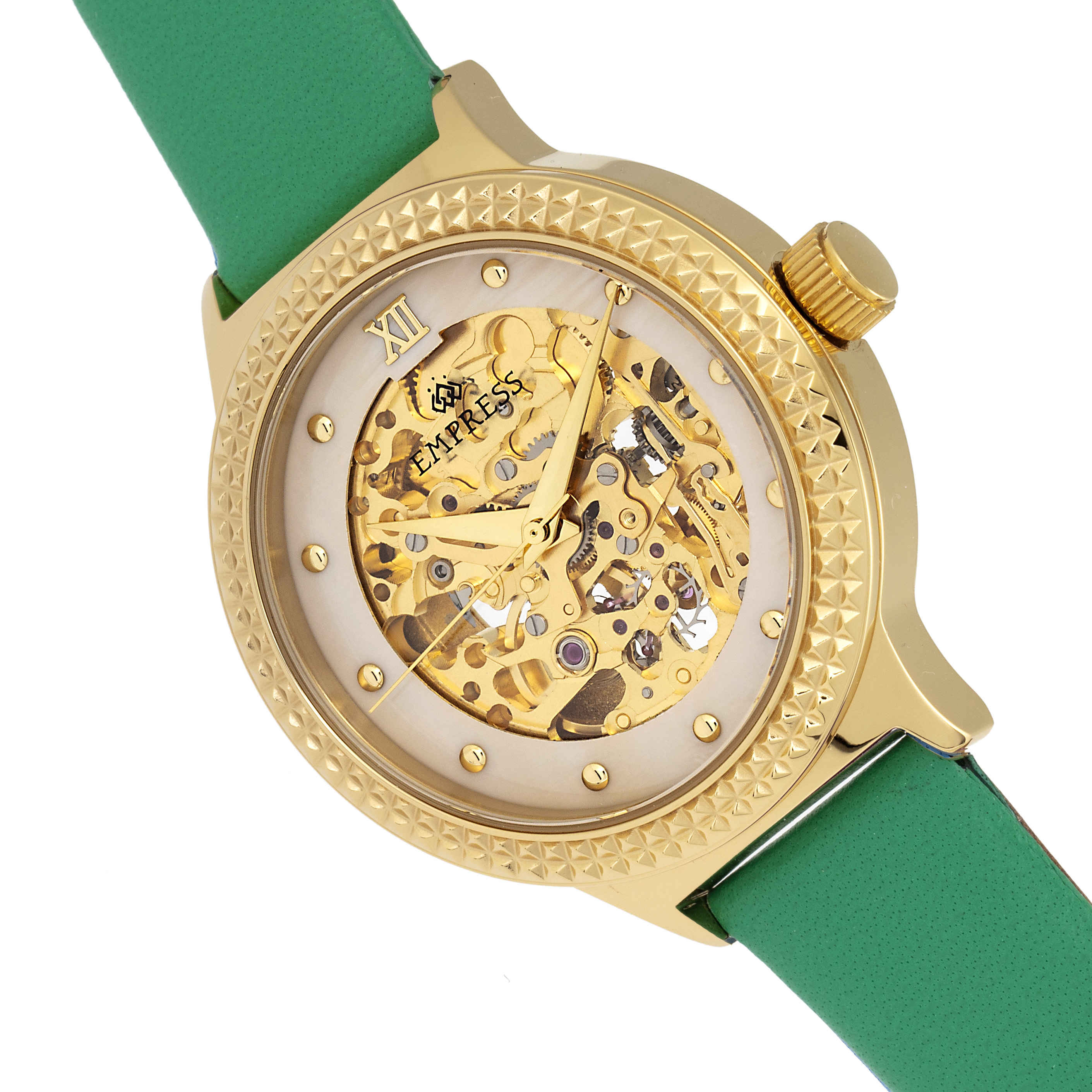 Shop Empress Alice Automatic White Dial Ladies Watch Empem3203 In Gold / Gold Tone / Green / Mop / Skeleton / White