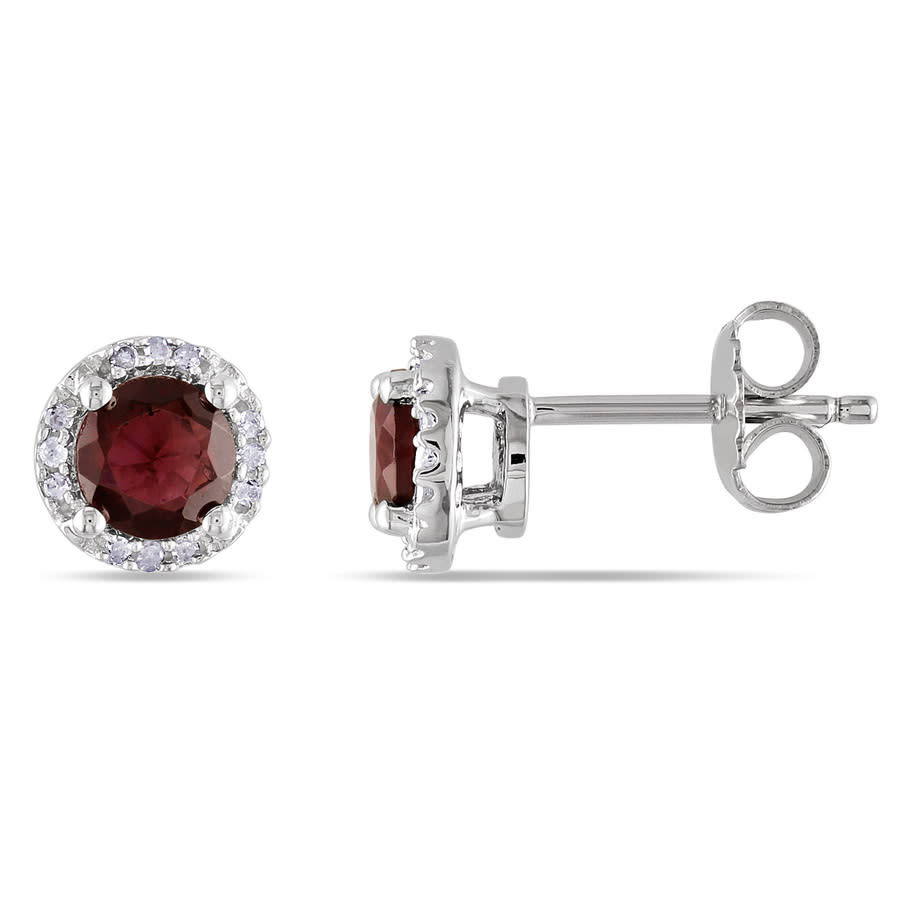 Amour Garnet And Diamond Halo Stud Earrings In Sterling Silver In White
