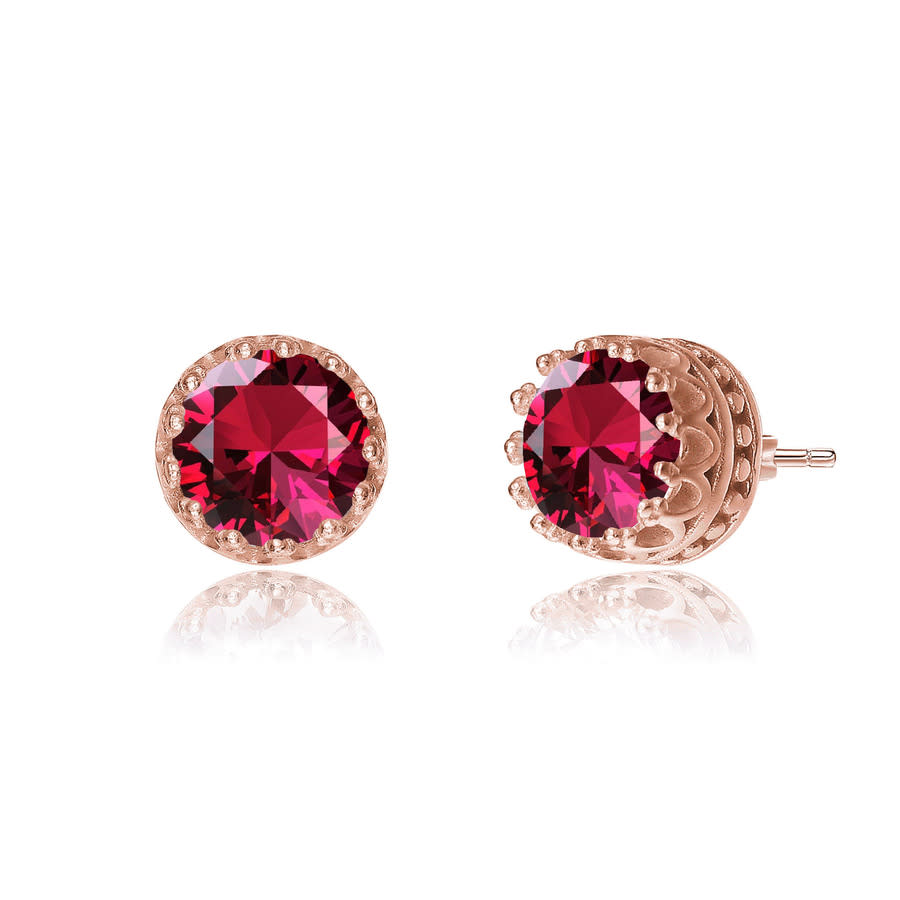 Rachel Glauber Sterling Silver Rose Gold Plated Ruby Round Stud Earrings In Red