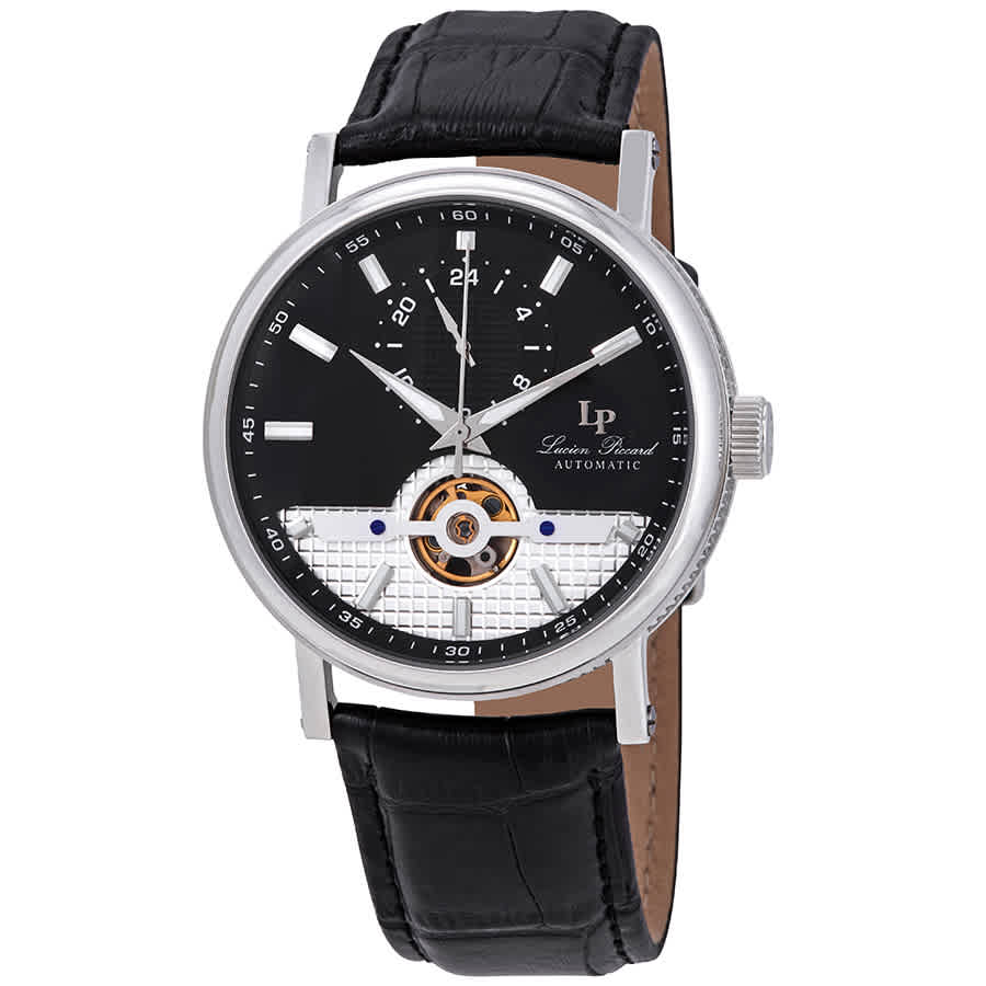 Lucien Piccard Open Heart 24 Automatic Black Dial Mens Watch Lp-28002a-01 In Black,silver Tone