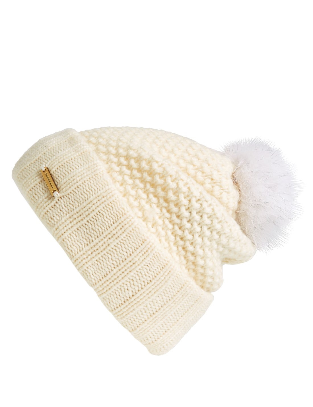 Burberry Ivory Fox Fur Pom Beanie In Gold Tone,white