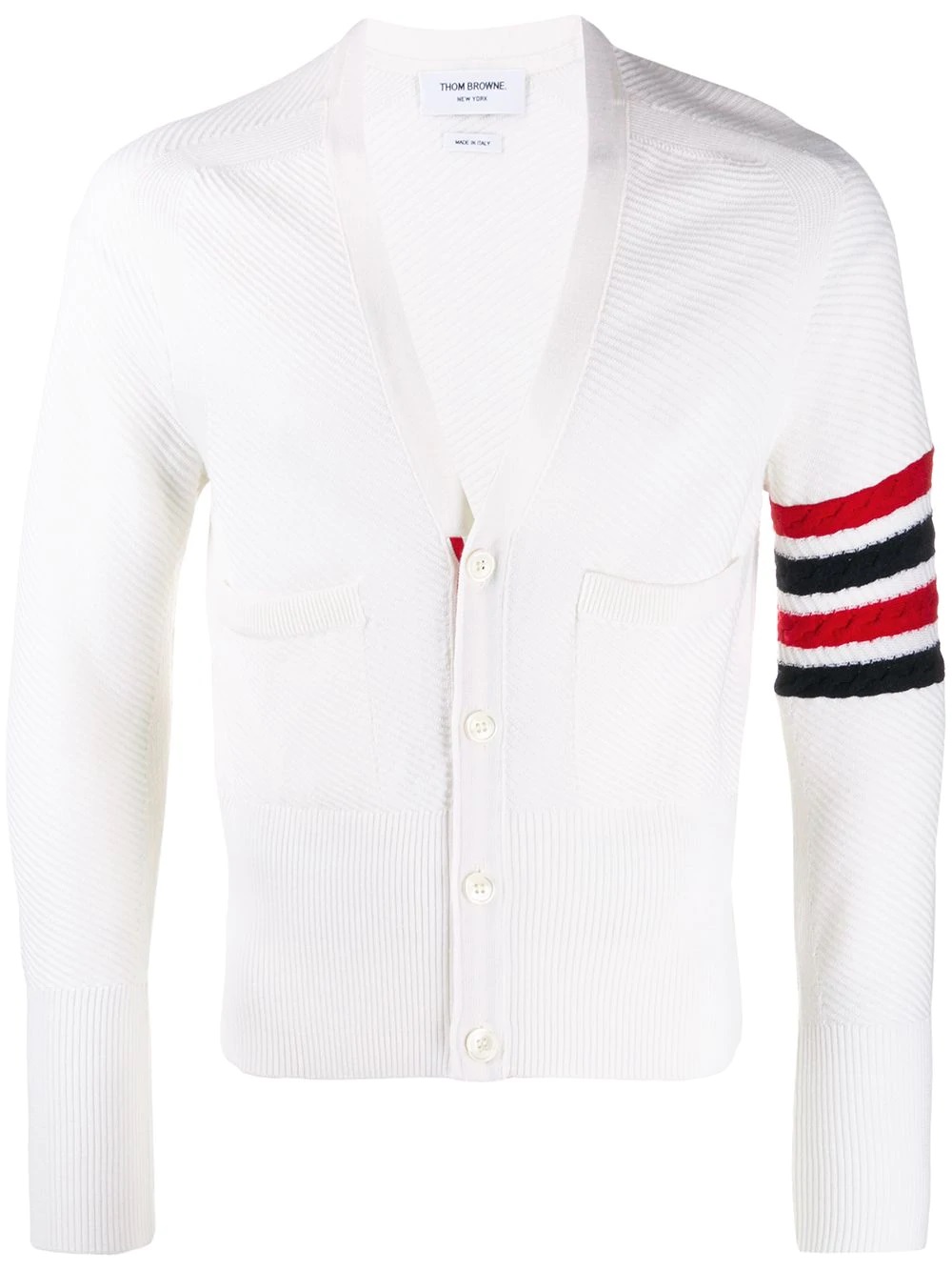 Thom Browne White Diagonal Stitch Four Bar Stripe Merino Cardigan In Brown,white