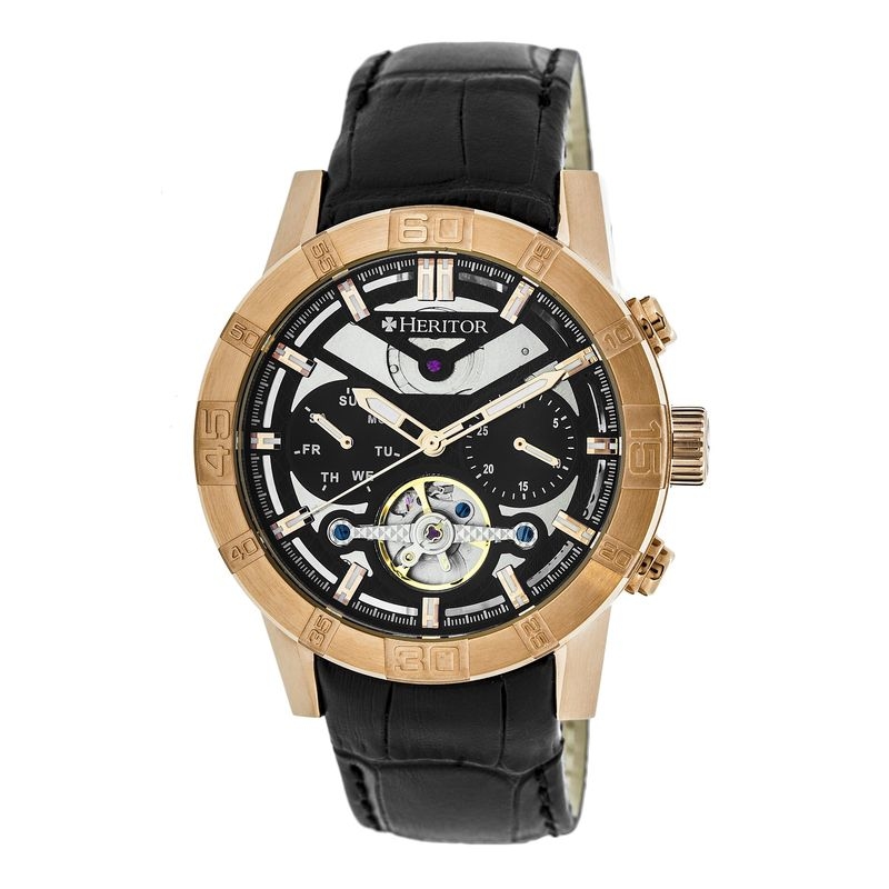 Click to view more detailed imagery on our partner's website Heritor Hannibal Black Semi-skeleton Dial Rose Gold-tone Case Black Leather Strap Mens Watch Hr4106 In Black,gold Tone,pink,rose Gold Tone,silver Tone,two Tone