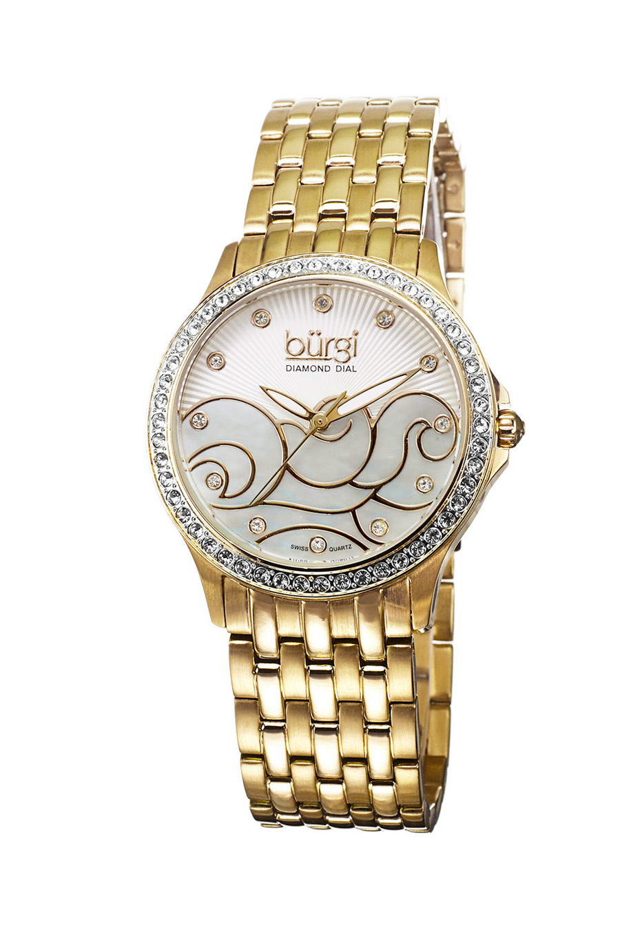 Burgi Wave Pattern Quartz Diamond Crystal Ladies Watch Bur081yg In Gold Tone / Mother Of Pearl / Wave