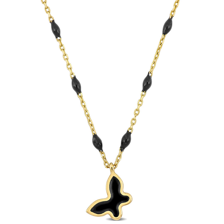 Amour Black Enamel Butterfly Necklace In 14k Yellow Gold