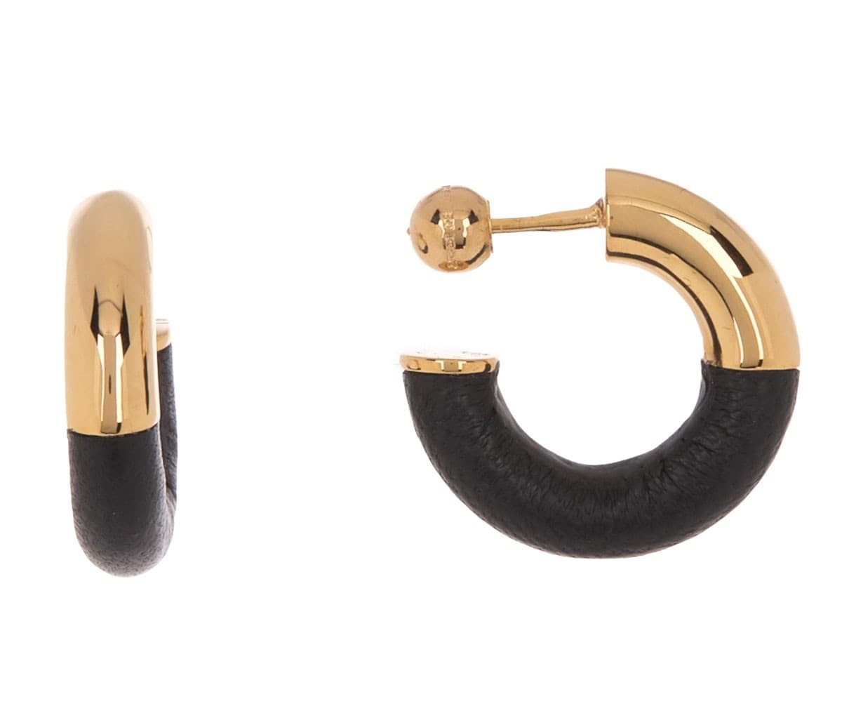 BURBERRY LEATHER WRAP HOOP EARRINGS IN LIGHT GOLD/ BLACK