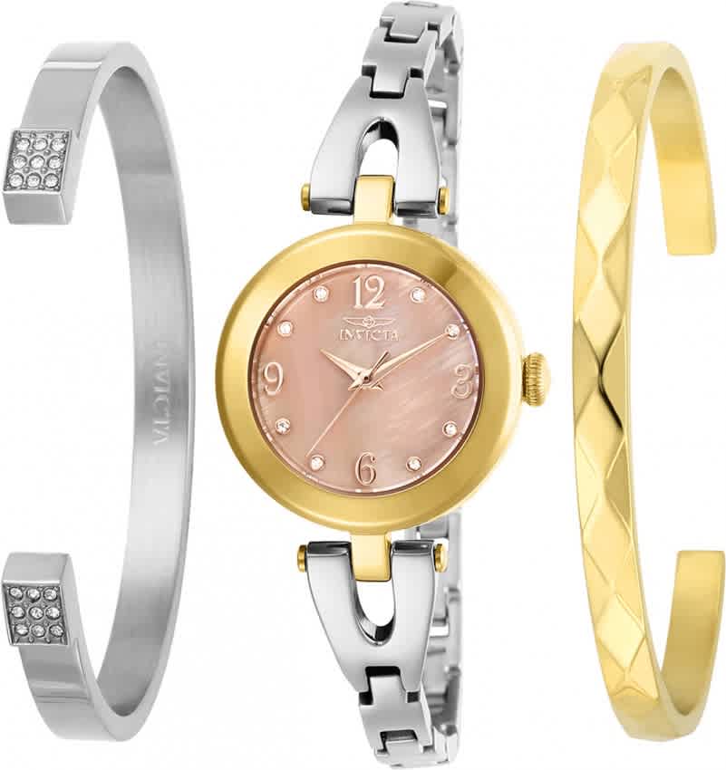 Invicta Angel Quartz Crystal Gold Dial Ladies Watch And Bracelet Set 29337 In Gold Tone,silver Tone,yellow