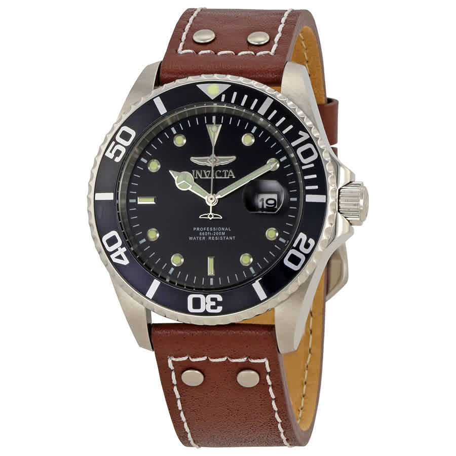 Invicta Pro Diver Black Dial Brown Leather Mens Watch 22069 In Black / Brown