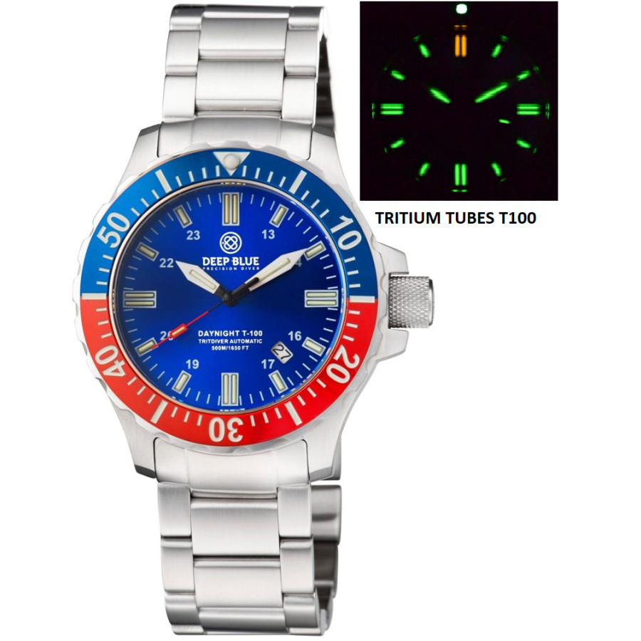 Deep Blue Daynight Tritdiver T-100 Automatic Blue Dial Watch Tritdiverpepsi In Blue,silver Tone