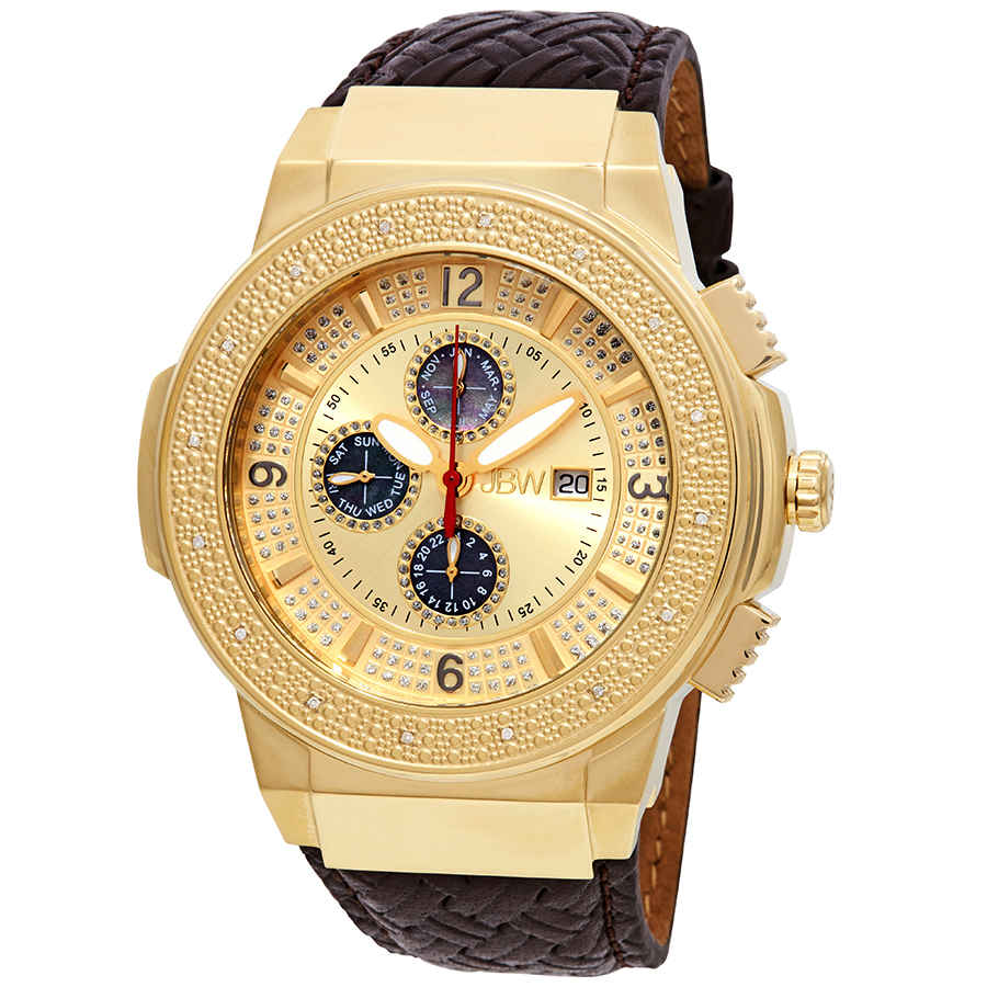JBW SAXON GOLD-TONE SUNRAY CRYSTAL DIAL GOLD-TONE STAINLESS STEEL DIAMOND BEZEL BROWN LEATHER STRAP MENS