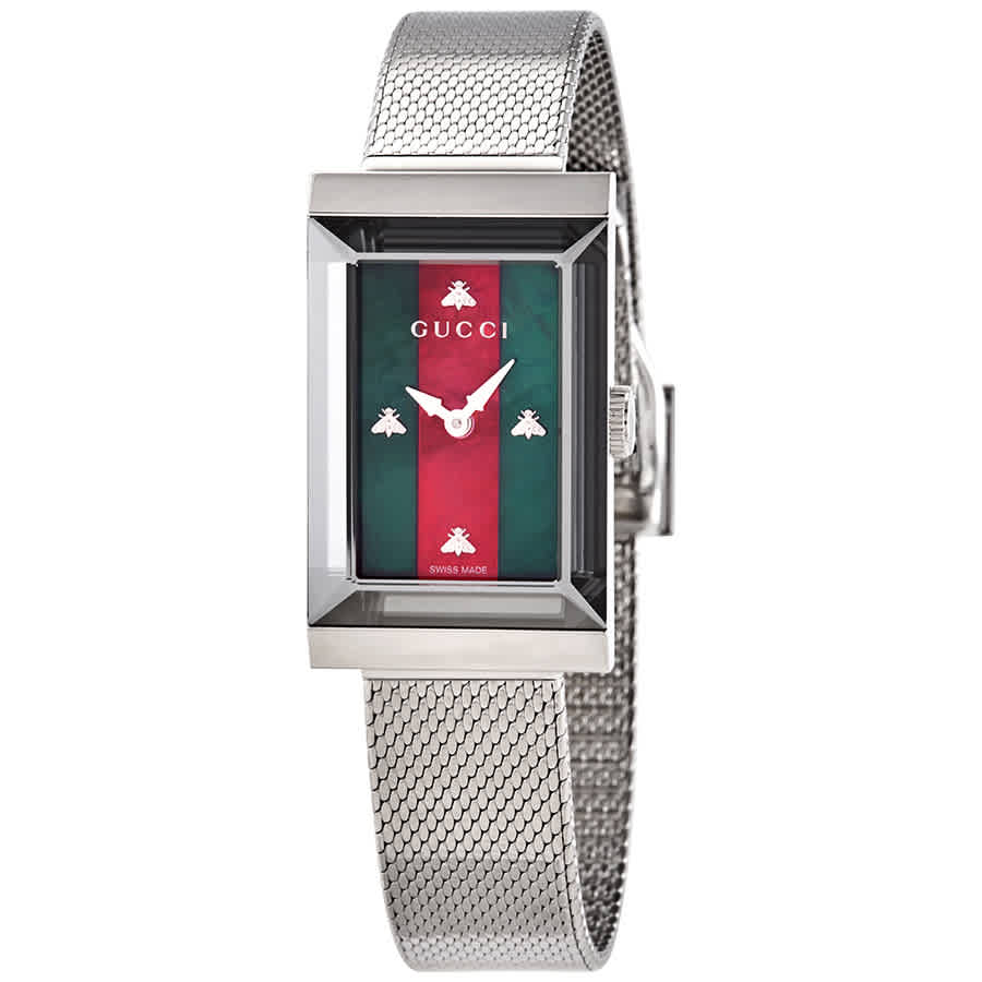 GUCCI GUCCI G-FRAME QUARTZ GREEN AND RED WEB MOTHER OF PEARL DIAL LADIES WATCH YA147401