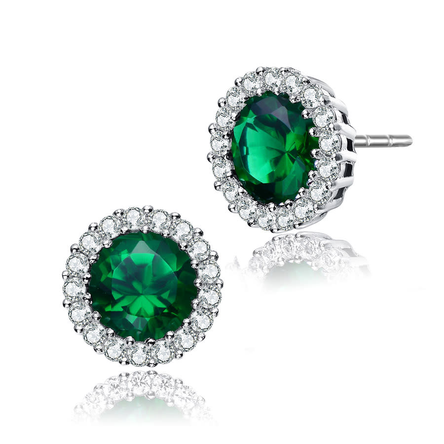 Megan Walford Cubic Zirconia Sterling Silver Round Stud Earrings In Green