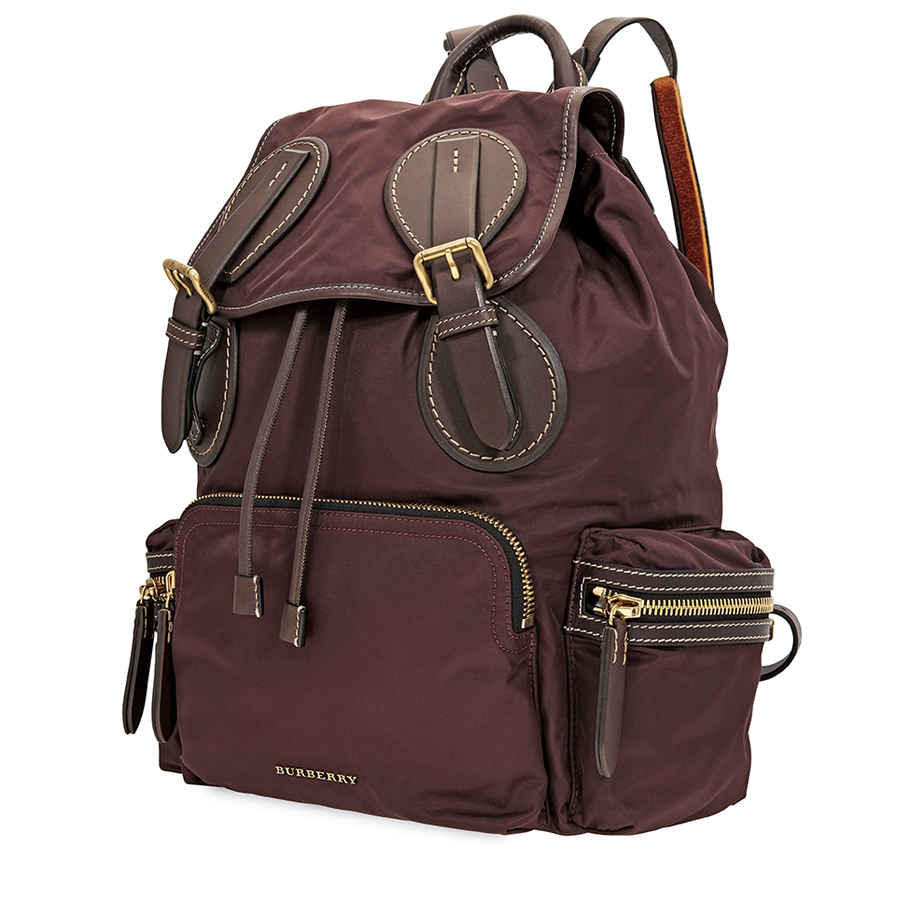 Burberry Mens Backpack Burgundy Nylon Equestrian Rucksack In Gold Tone,red