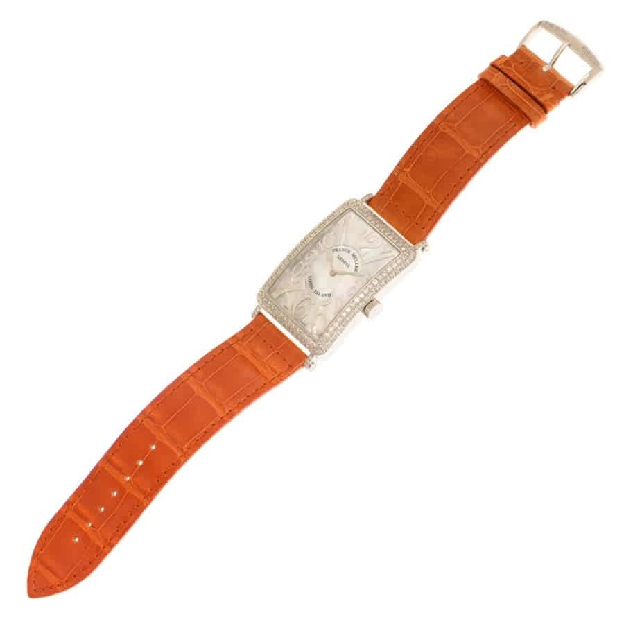 Shop Franck Muller Long Island Quartz Diamond Ladies Watch 1002qzrelmopd(og)-orgstrap In Gold / Gold Tone / Mother Of Pearl / Orange / White