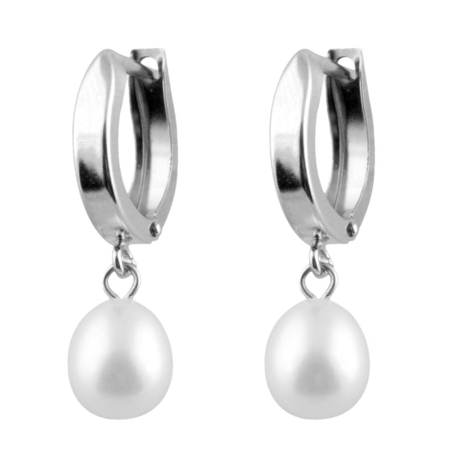 Bella Pearl Dangling Freshwater Pearl 14k White Gold Hoop Earrings In Gold Tone,white