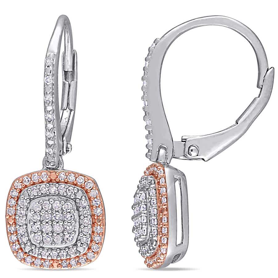 Amour 1/2 Ct Tw Diamond Grid Halo Leverback Earrings In 2-tone Rose And White Sterling Silver In Multi-color