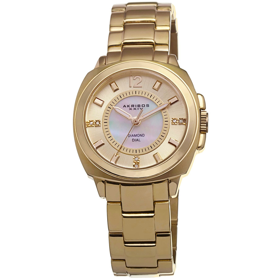 Akribos Xxiv Mother Of Pearl Dial Gold-tone Ladies Watch Ak668yg In Champagne / Gold / Gold Tone / Mother Of Pearl