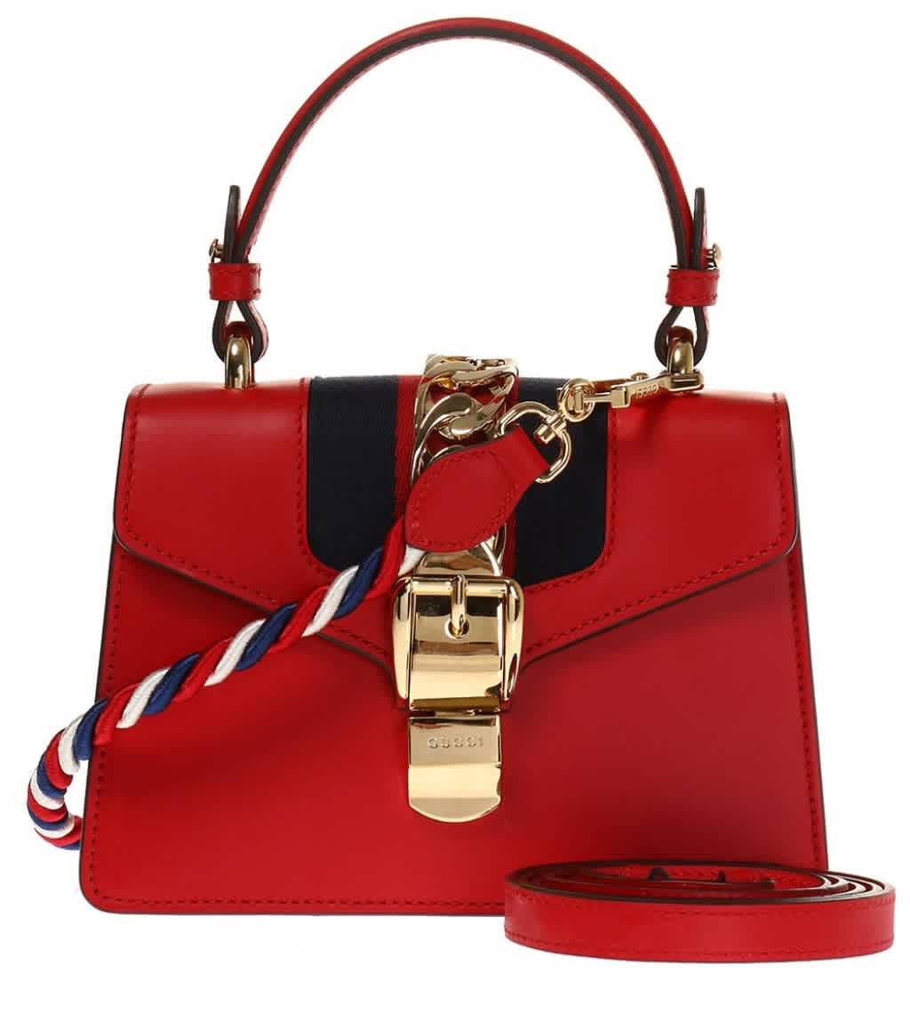 Gucci Ladies Sylvie Leather Mini Shoulder Bag In Red In Gold Tone,red