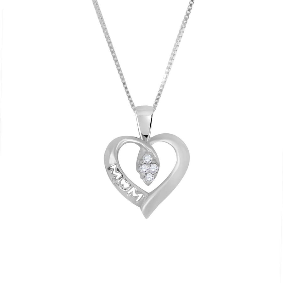 MAULIJEWELS 0.06 CARAT NATURAL DIAMOND MOM HEART PENDANT FOR WOMAN CRAFTED IN 10K WHITE GOLD WITH 18'' STERLING