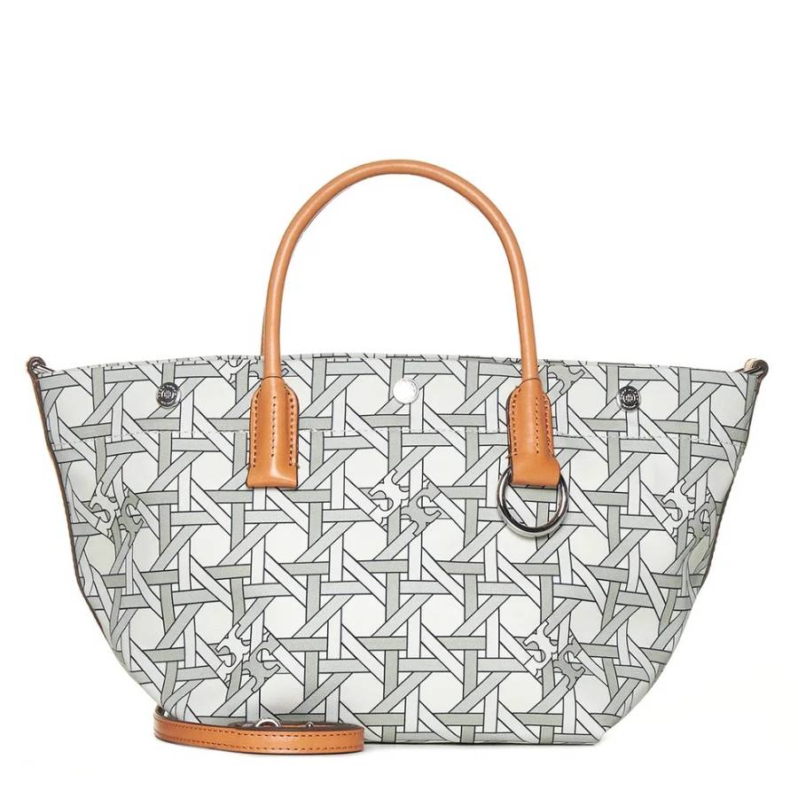 Tory Burch Womens Petite Barrel Monogrammed Canvas Shoulder Bag Ivory In Basketweave Mac Cc/ivory